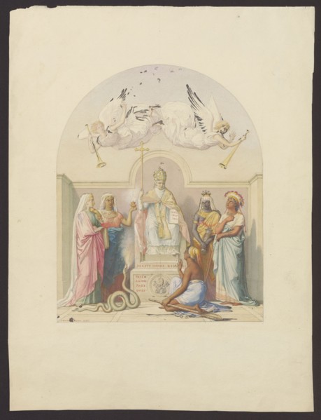 The Pope surrounded by personifications of the continents; drawing by Petit,