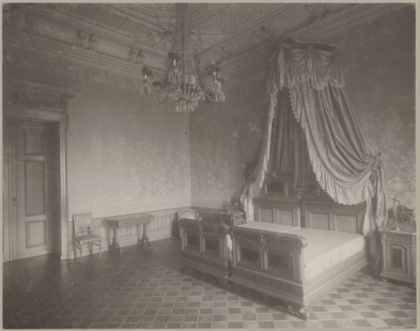 Lódz. Maurycy Poznanski's Palace . Bedroom interior with a double four-poster bed, Piotrowski