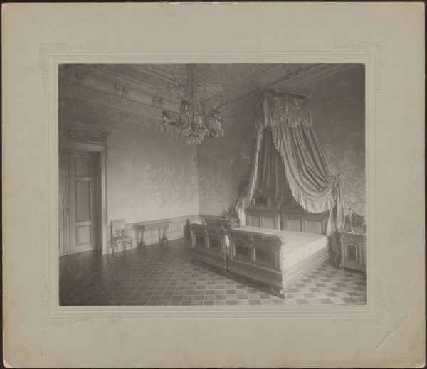 Lódz. Maurycy Poznanski's Palace . Bedroom interior with a double four-poster bed, Piotrowski