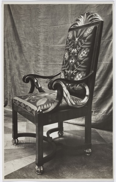 Armchair with kilim upholstery from the study designed by Józef Czajkowski, exhibited in the Polish