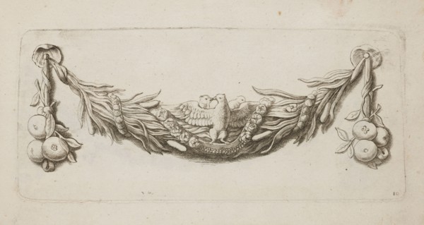 Feston: Quellinus, Artus 1609–1668, engraver; Baroque; doves, apples, festoons, garlands, rushes,