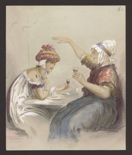 Two Women at a Table Drinking Wine, Alfred Grévin 1827–1892, illustrator; costume scene, genre