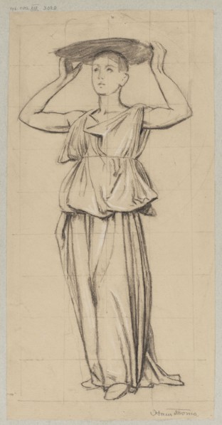 Study of a Woman Carrying a Basket of Flowers on Her Head, Hans Thoma 1839–1924, drawing, ca. 1890,