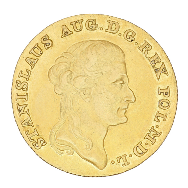 Triple Crown Ducat of Stanislaw August Poniatowski (King of Poland, 1764–1795). Obverse: head of
