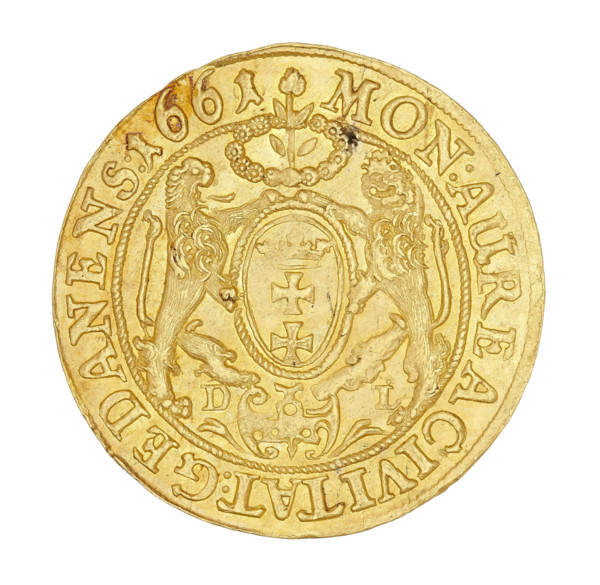 Gdansk ducat, Lesse, Daniel (1656–1685). John II Casimir Vasa (King of Poland; 1609–1672). Obverse: