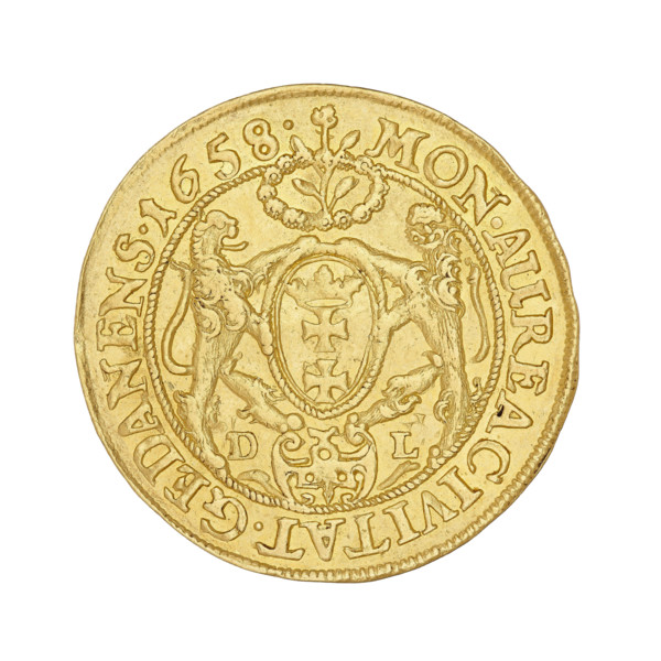 Gdansk ducat, 1658. John II Casimir Vasa (King of Poland; 1609–1672). Obverse: bust of the king