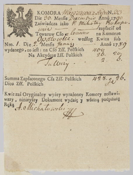 printed mark of the customs chamber in Warsaw; customs seals; document seals; Zurakowski, Witold