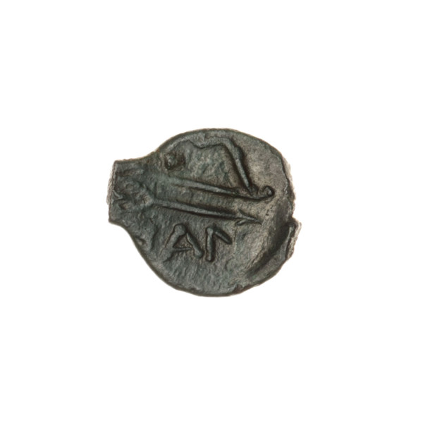 bronze coin, Pantikapaion; aw: head of beardless Satyr in an ivy wreath to the left; rw: bow and