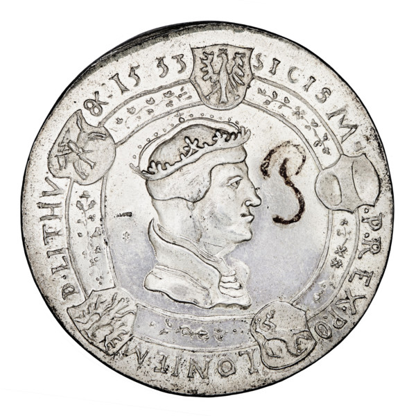 Forgery of the crown thaler of Sigismund I the Old (King of Poland; 1506–1548) by Majnert. Obverse: