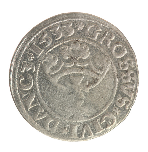 Gdansk grosz, Sigismund I the Old (King of Poland; 1506–1548). Jagiellonian-era Polish coin.