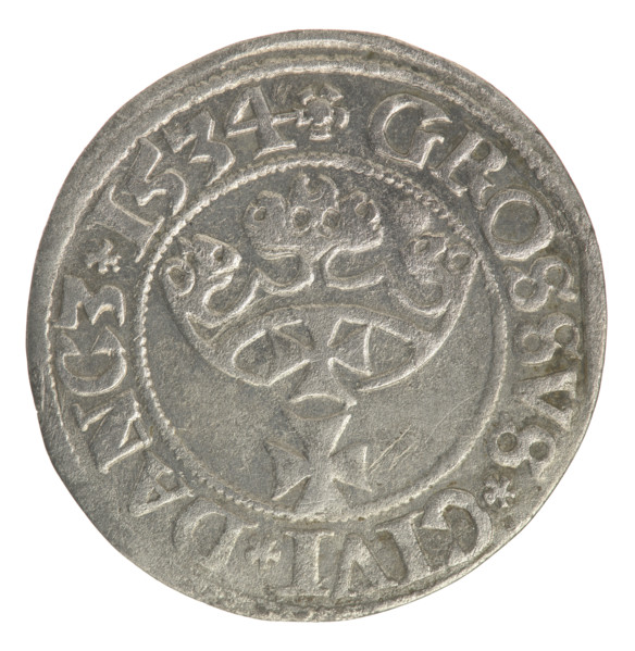 Gdansk grosz, Sigismund I the Old (King of Poland; 1506–1548). Obverse: Crowned male bust in