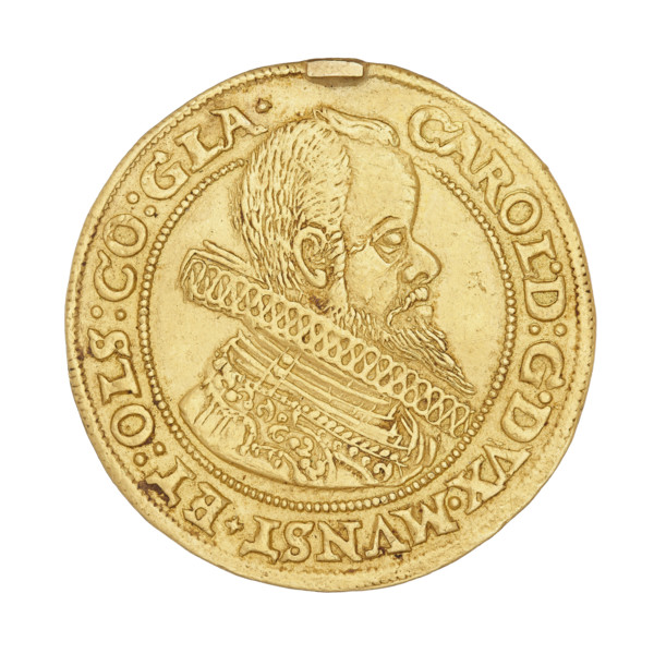 2 ducats, Charles II (Duke of Ziebice-Olesnica; 1587–1617). Obverse: male bust in armour with a