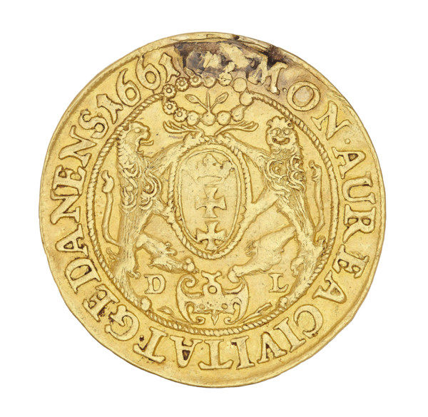 Gdansk ducat by Daniel Lesse (1656–1685), 1661. Obverse: crowned right-profile bust of King John II