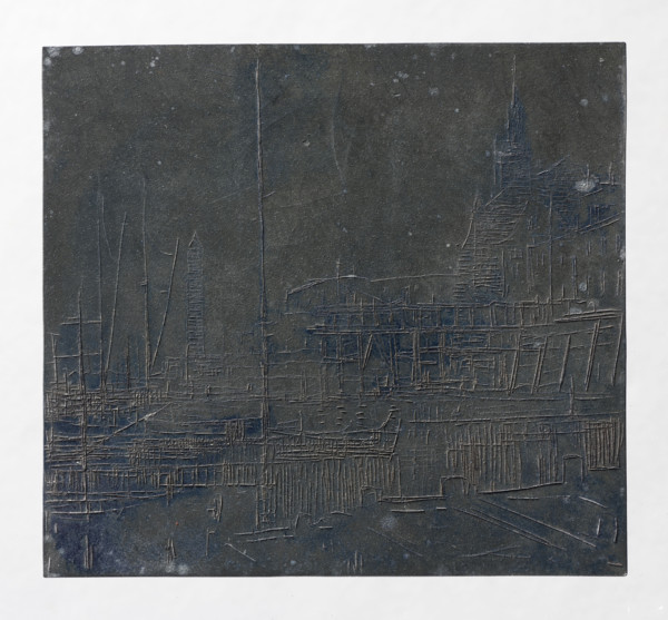 View of a port quay in a northern European city; verso: graphic trials or fragment of a