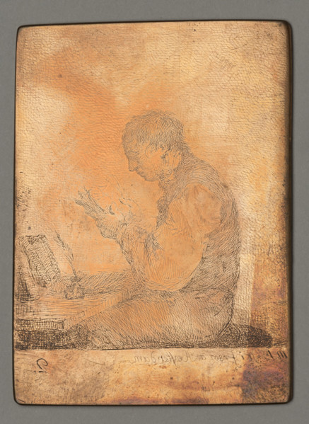 Boy sitting at a table, reading a book; Plonski, Michal (1778–1812), graphic artist;