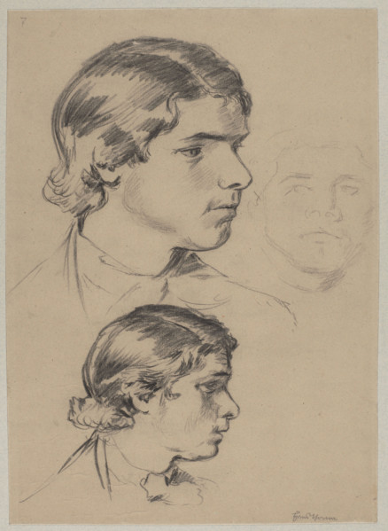 Three studies of the head of a young man, ca. 1882, Hans Thoma (1839–1924), drawing, Germany;