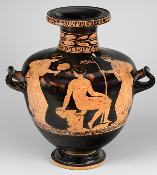 Red-figure hydria, Amycus Painter (c. 420–410 BC), Greek pottery; hydria on a high, profiled foot.