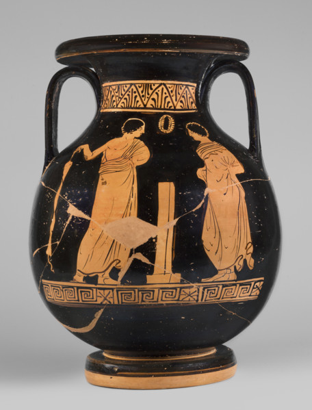 Red-figure pelike depicting a woman putting on a pearl necklace; Southern Italic (Apulian) pottery,