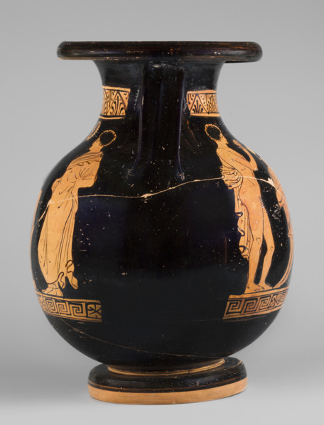 Red-figure pelike depicting a woman putting on a pearl necklace; Southern Italic (Apulian) pottery,