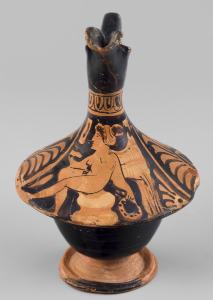 Red-figure epichysis with a depiction of Eros; palmettes (iconographic); southern Italian pottery;