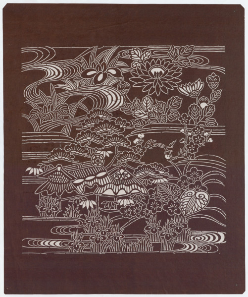 Ise katagami dyeing stencil - landscape with a house by the water, pine tree, irises,