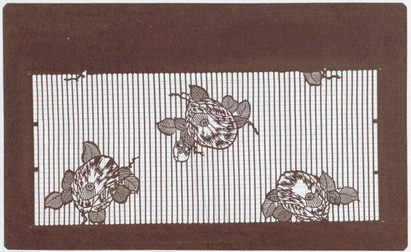 Ise-katagami dyeing stencil; pattern — vertical stripes and camellia flowers on the background;