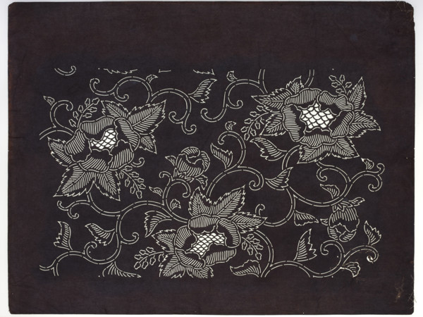 Katagami dyeing stencil for bedding decoration; pattern: karakusa tendril with large peony flowers;