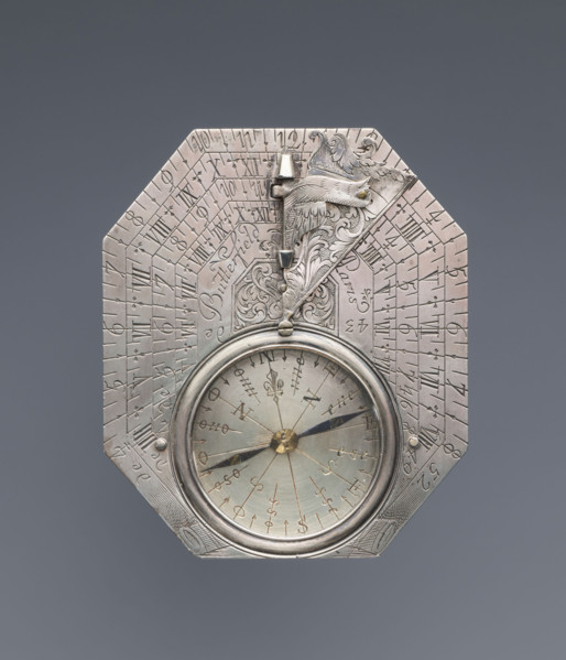 Pocket sundial with compass by Michael Butterfield (1635–1724), octagonal, engraved on both sides,