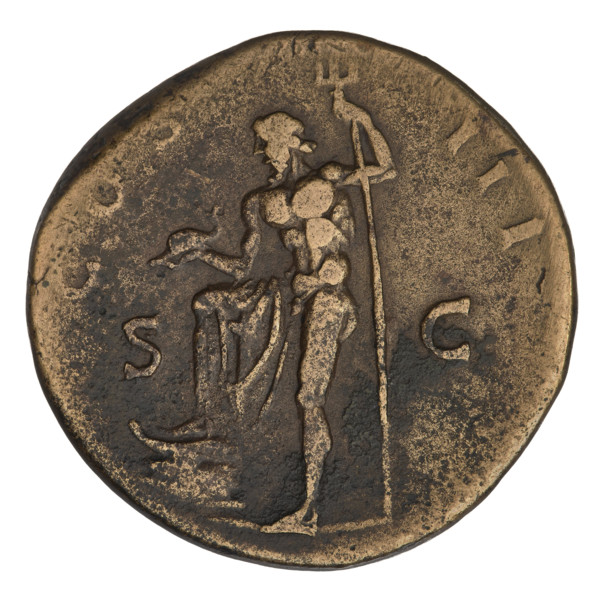 sestertius, Hadrian (76–138; Roman emperor 117–138), Neptune (mythology), laurel wreaths, heads,
