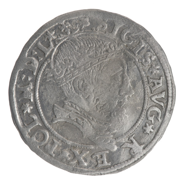Lithuanian grosz, 1545. Obverse: crowned male bust in armour facing right, rim inscription divided