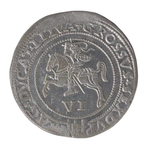Lithuanian sixer, Sigismund II Augustus (king of Poland; 1544–1572). Coats of arms: Jagiellonians