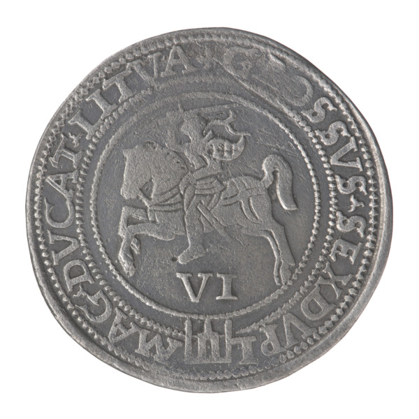 Sixer coin of Sigismund II Augustus (king of Poland; 1544–1572). Obverse: crowned male bust in