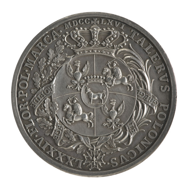 Crown trial thaler, engraved by Johann Kaspar Mörikofer (1738–1800) for King Stanislaw August