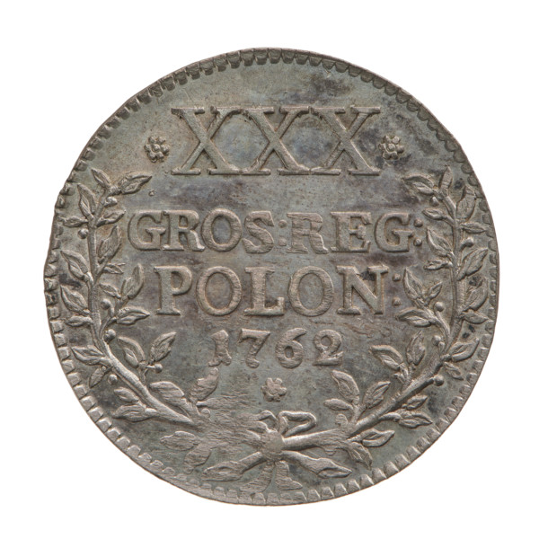 Crown zloty trial - XXX groszy, Augustus III Sas (King of Poland; 1733–1763). Bust of the king in