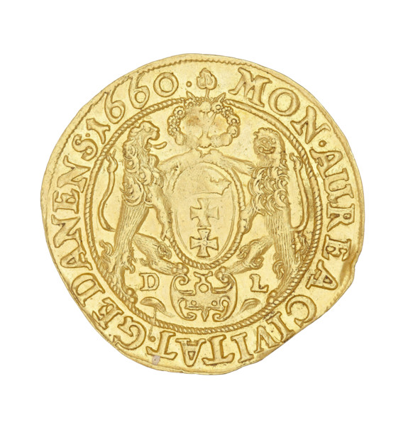 Gdansk ducat, Lesse, Daniel (1656–1685), John II Casimir Vasa (King of Poland; 1648–1668). Obverse: