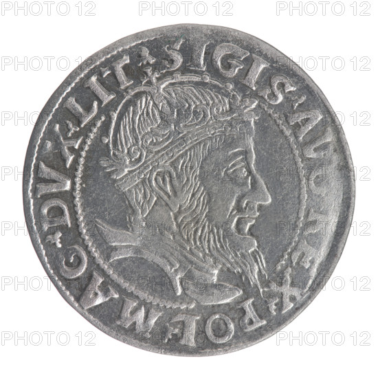 Lithuanian grosz, 1555. Obverse: Crowned male bust in armour, profile right; rim inscription