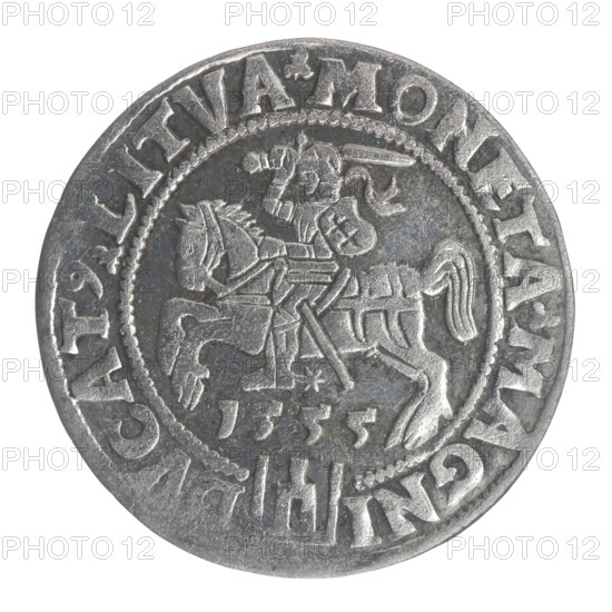 Lithuanian grosz, 1555. Obverse: crowned male bust of Sigismund II Augustus in armour, profile to