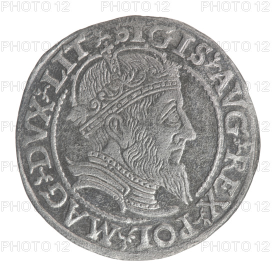 Lithuanian grosz, 1559. Obverse: crowned male bust in armour, profile to the right; rim inscription