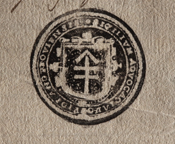 Round ink print of the seal of the town of Andrzejów. On the baroque shield, the fox coat of arms,