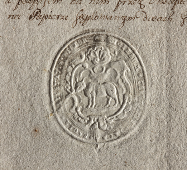 Oval seal impression of the city of Bielsko, Podlaskie Voivodeship. On a baroque shield, a bison