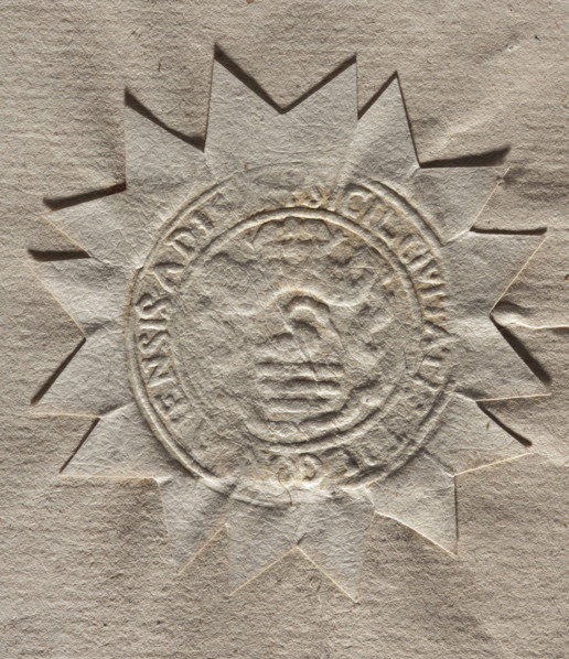 Round seal impression of the town of Bilgoraj, Lublin Voivodeship. On the decorative crowned shield