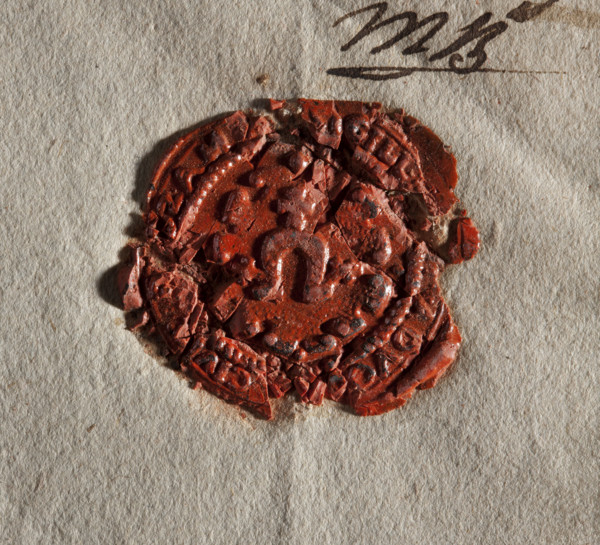 Round wax impression of the seal of Bodzentyn, Sandomierz County and Voivodeship. On the decorative
