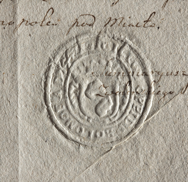 Oval seal impression of the town of Bolimów, Lódz Voivodeship, Sochaczew Land. On the crowned