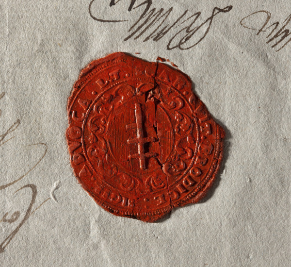 Oval wax impression of the seal of the town of Brody. On a decorative oval shield is the Pilawa