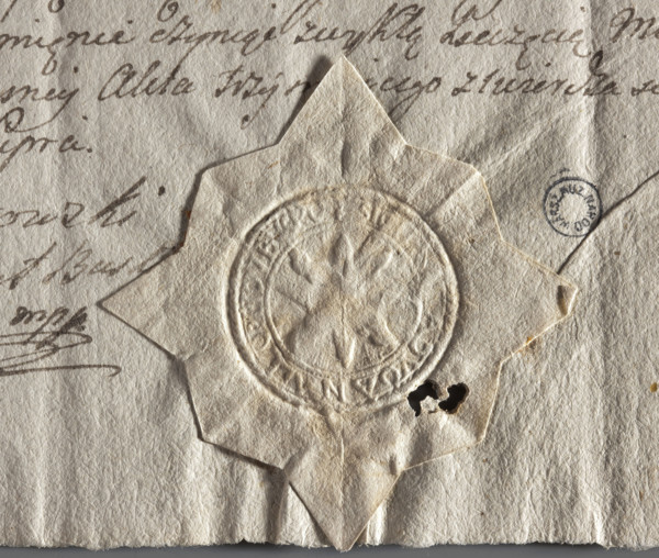 Round seal impression of the town of Busko, Sandomierz Voivodeship, Wislica County. A sun with