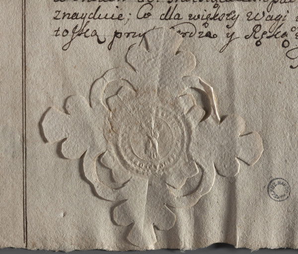 Round seal impression of the town of Czempin, Poznan Voivodeship, Koscian County. Standing angel in