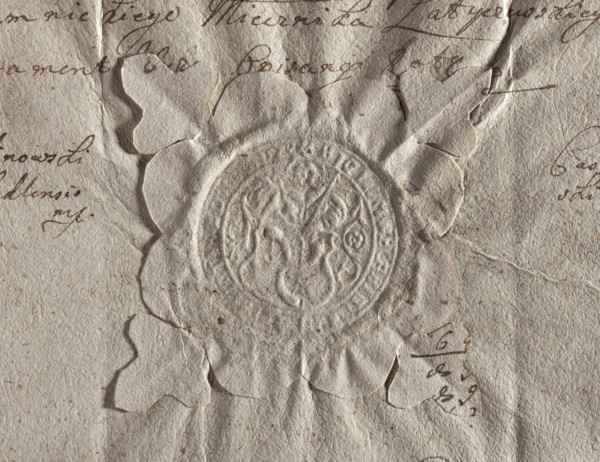 Round seal impression of the town of Dukla, Kraków Voivodeship. Figure of Saint John the Baptist