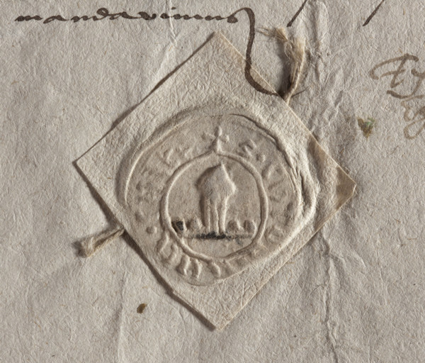 Horodlo city seal. Round seal impression showing what appears to be a mitre attached by three