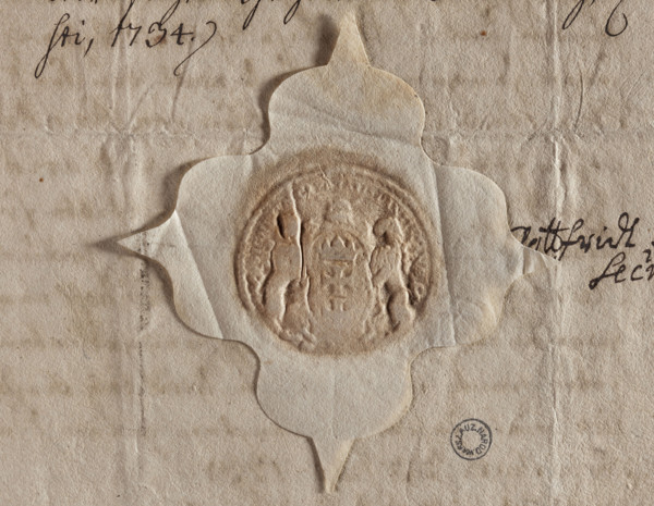 Round impression of the city seal of Gdansk. In an oval cartouche supported by two lions is the