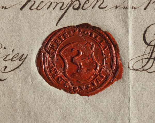 Round seal impression of the town of Kepno, Sieradz Voivodeship. In the field of the seal, a